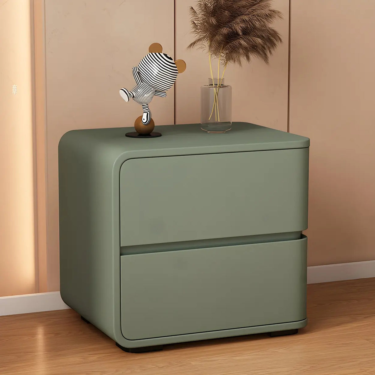 Stylish Rounded Wood Off-White Storage Nightstand Image - 7