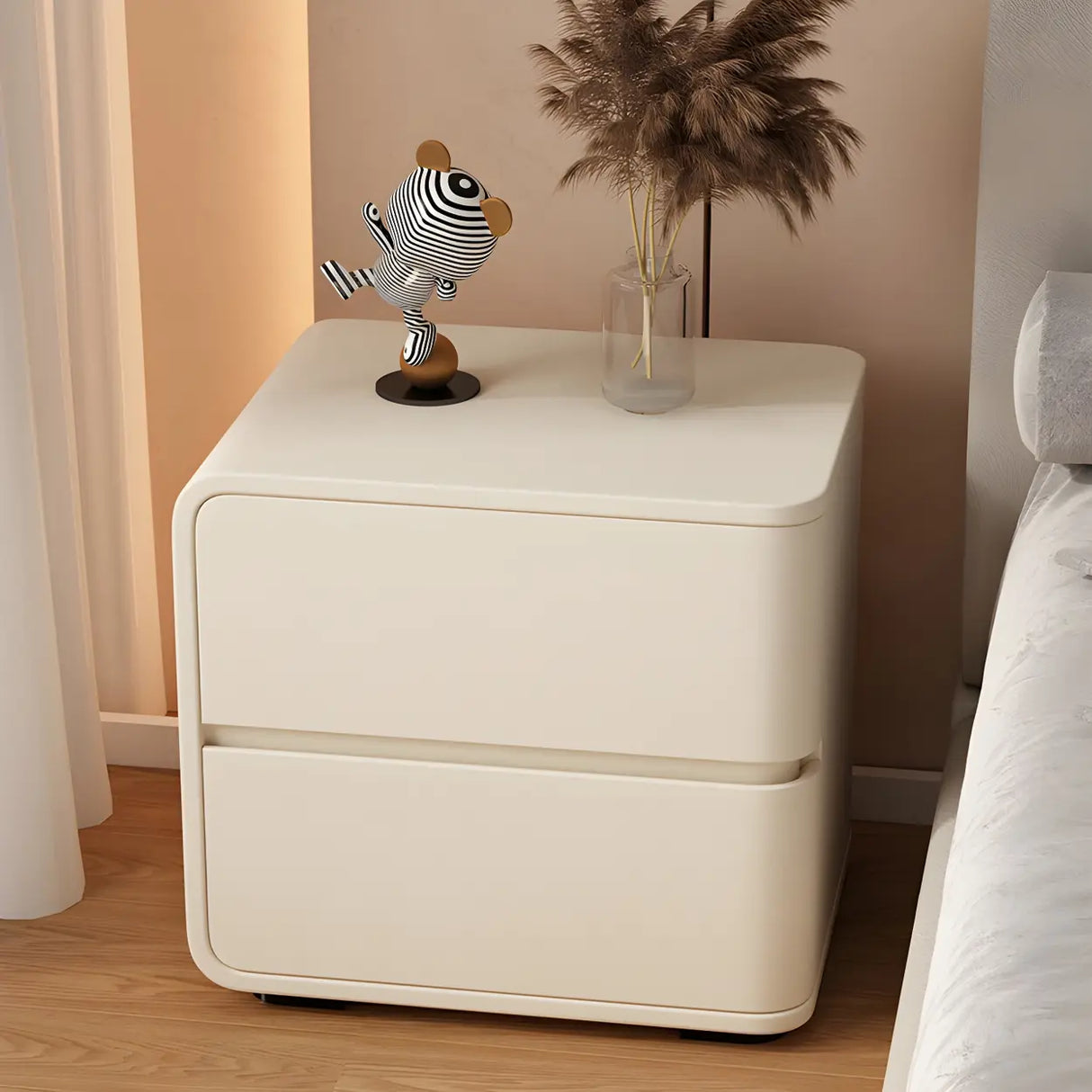 Stylish Rounded Wood Off-White Storage Nightstand Image - 8
