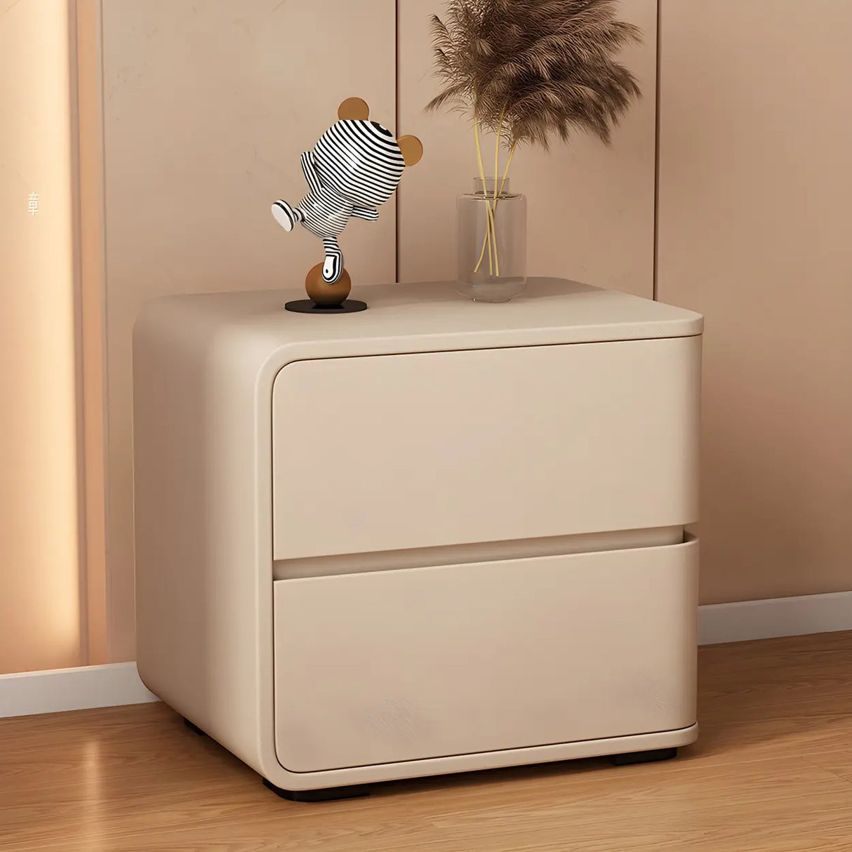 Stylish Rounded Wood Off-White Storage Nightstand Image - 9