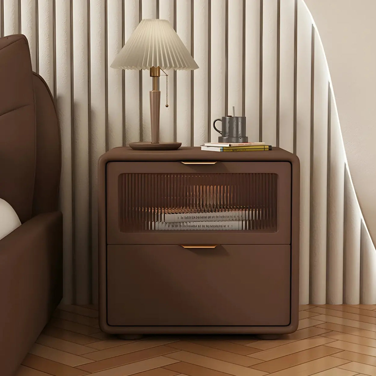 Stylish Rounded Wood White Leather Drawer Storage Nightstand Image - 10