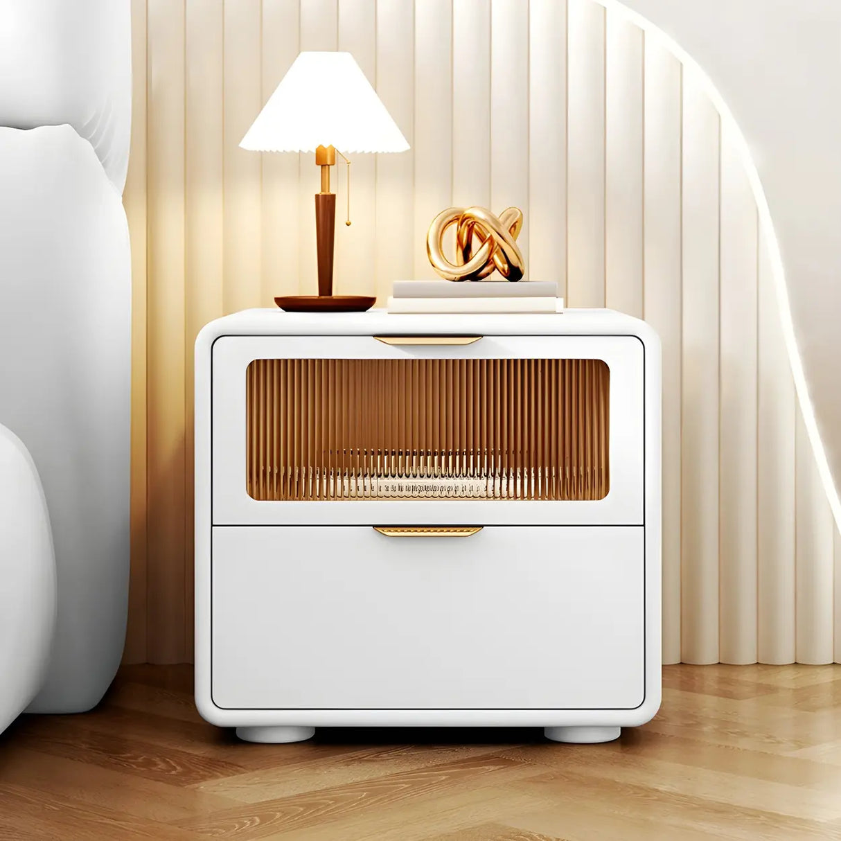 Stylish Rounded Wood White Leather Drawer Storage Nightstand Image - 12