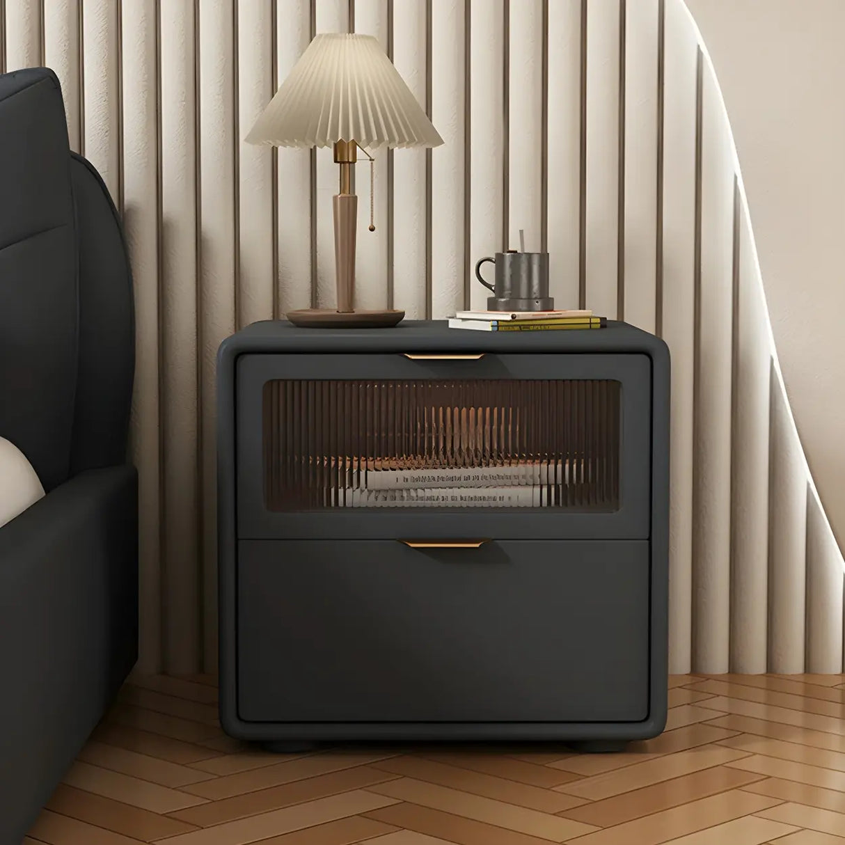 Stylish Rounded Wood White Leather Drawer Storage Nightstand Image - 14