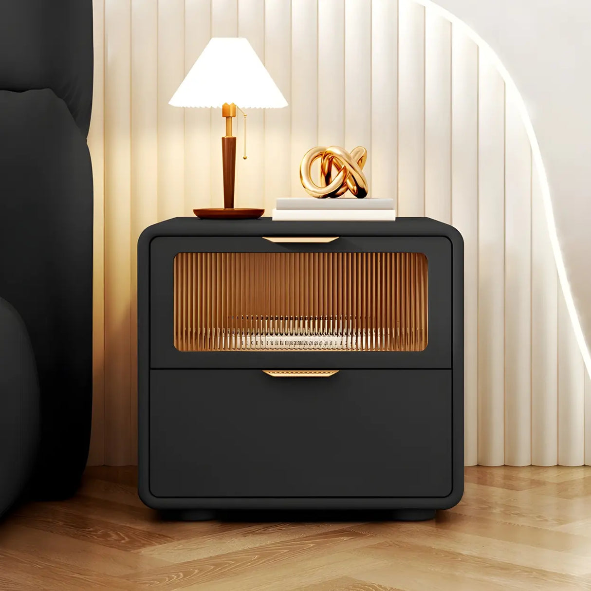 Stylish Rounded Wood White Leather Drawer Storage Nightstand Image - 16