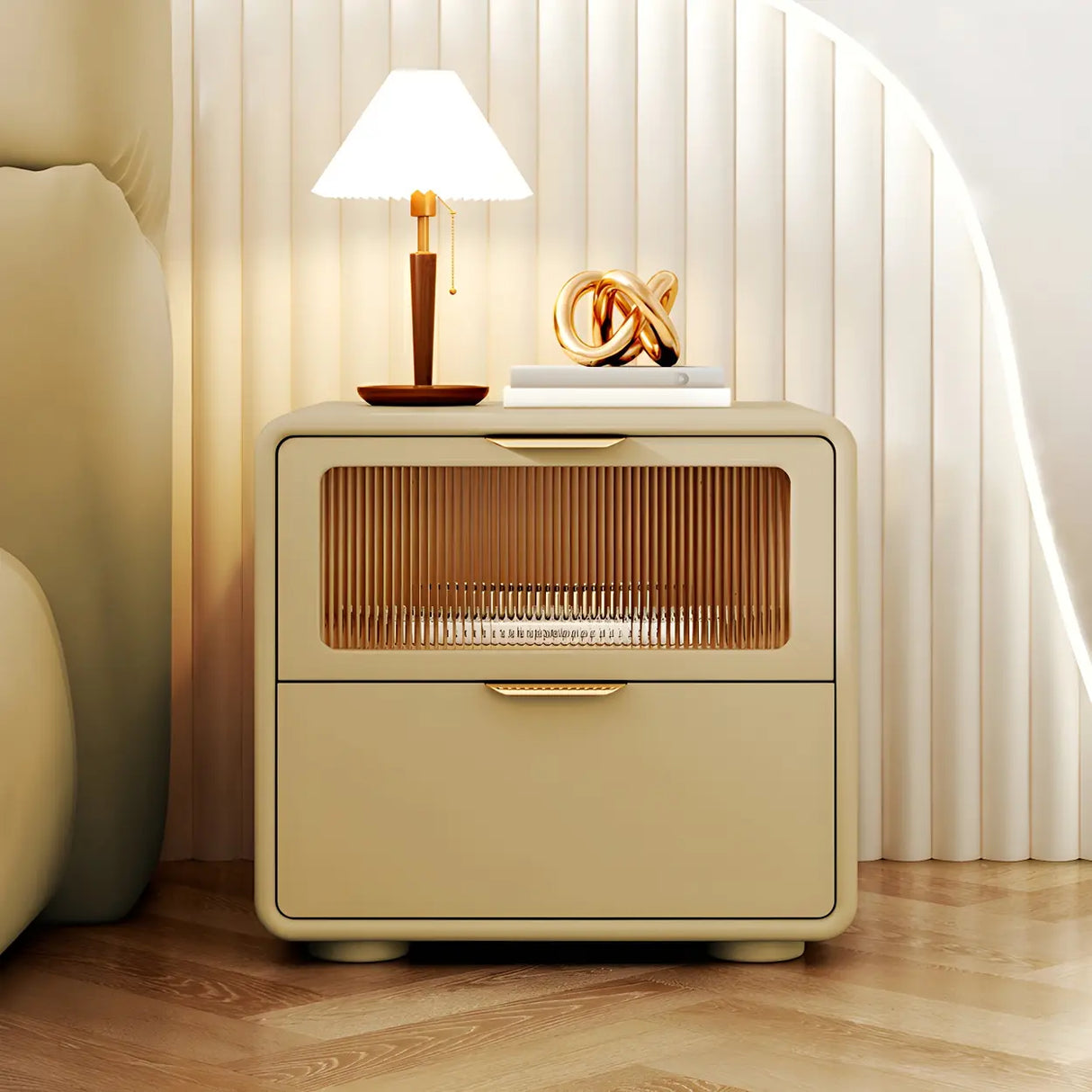 Stylish Rounded Wood White Leather Drawer Storage Nightstand Image - 17