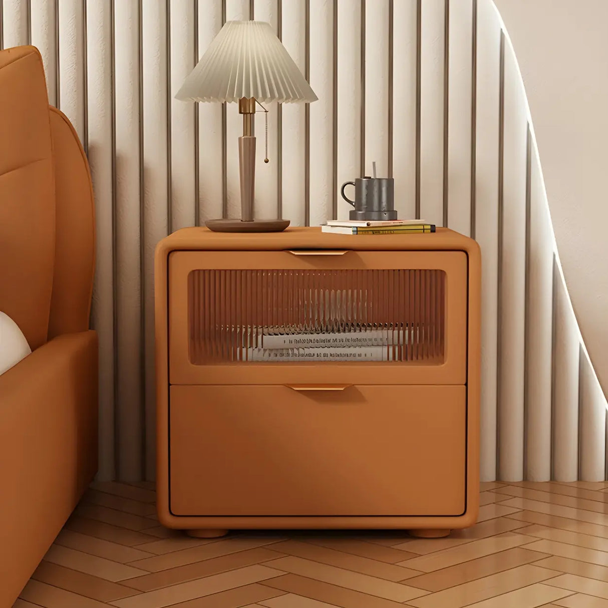 Stylish Rounded Wood White Leather Drawer Storage Nightstand Image - 18