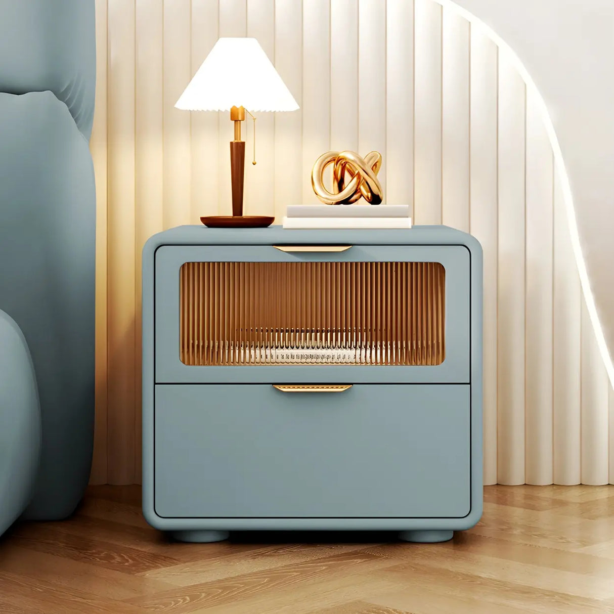 Stylish Rounded Wood White Leather Drawer Storage Nightstand Image - 19