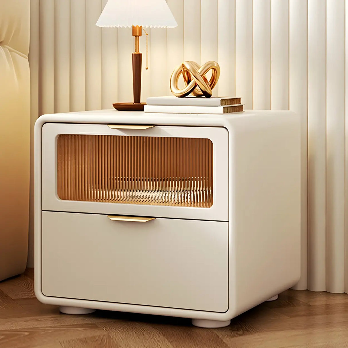 Stylish Rounded Wood White Leather Drawer Storage Nightstand Image - 1