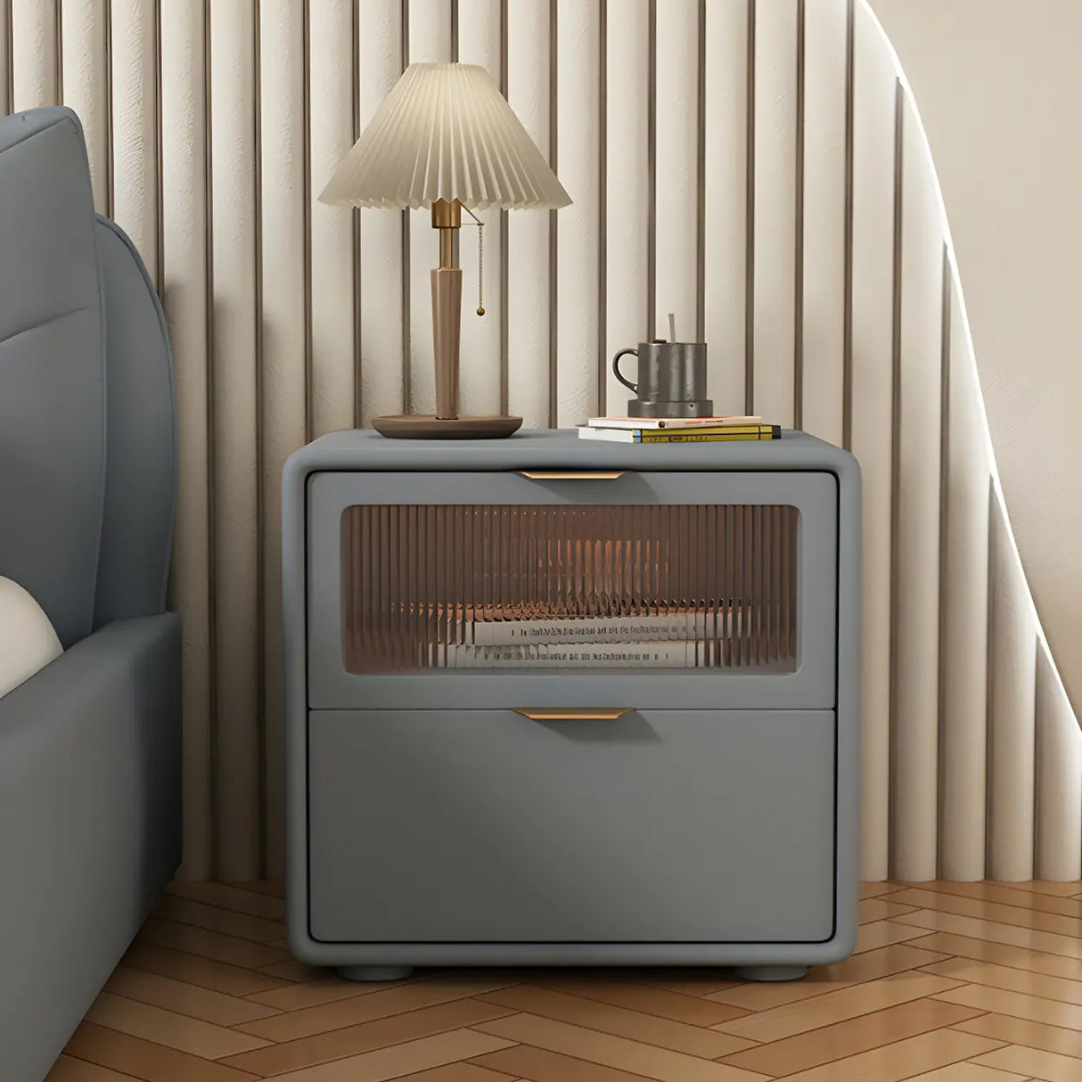 Stylish Rounded Wood White Leather Drawer Storage Nightstand Image - 2