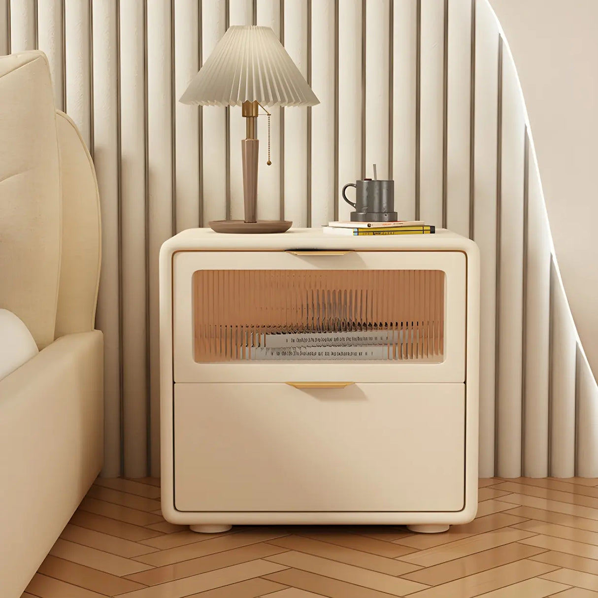 Stylish Rounded Wood White Leather Drawer Storage Nightstand Image - 3