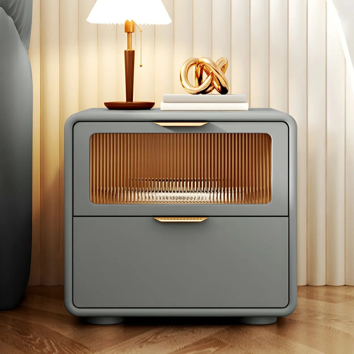 Stylish Rounded Wood White Leather Drawer Storage Nightstand Image - 4