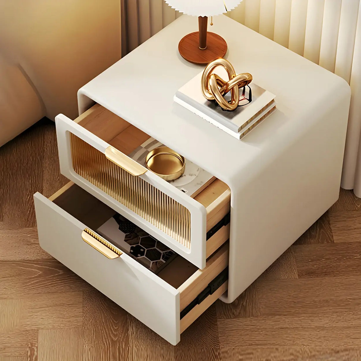 Stylish Rounded Wood White Leather Drawer Storage Nightstand Image - 5