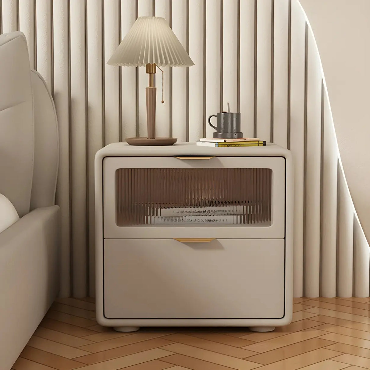 Stylish Rounded Wood White Leather Drawer Storage Nightstand Image - 6