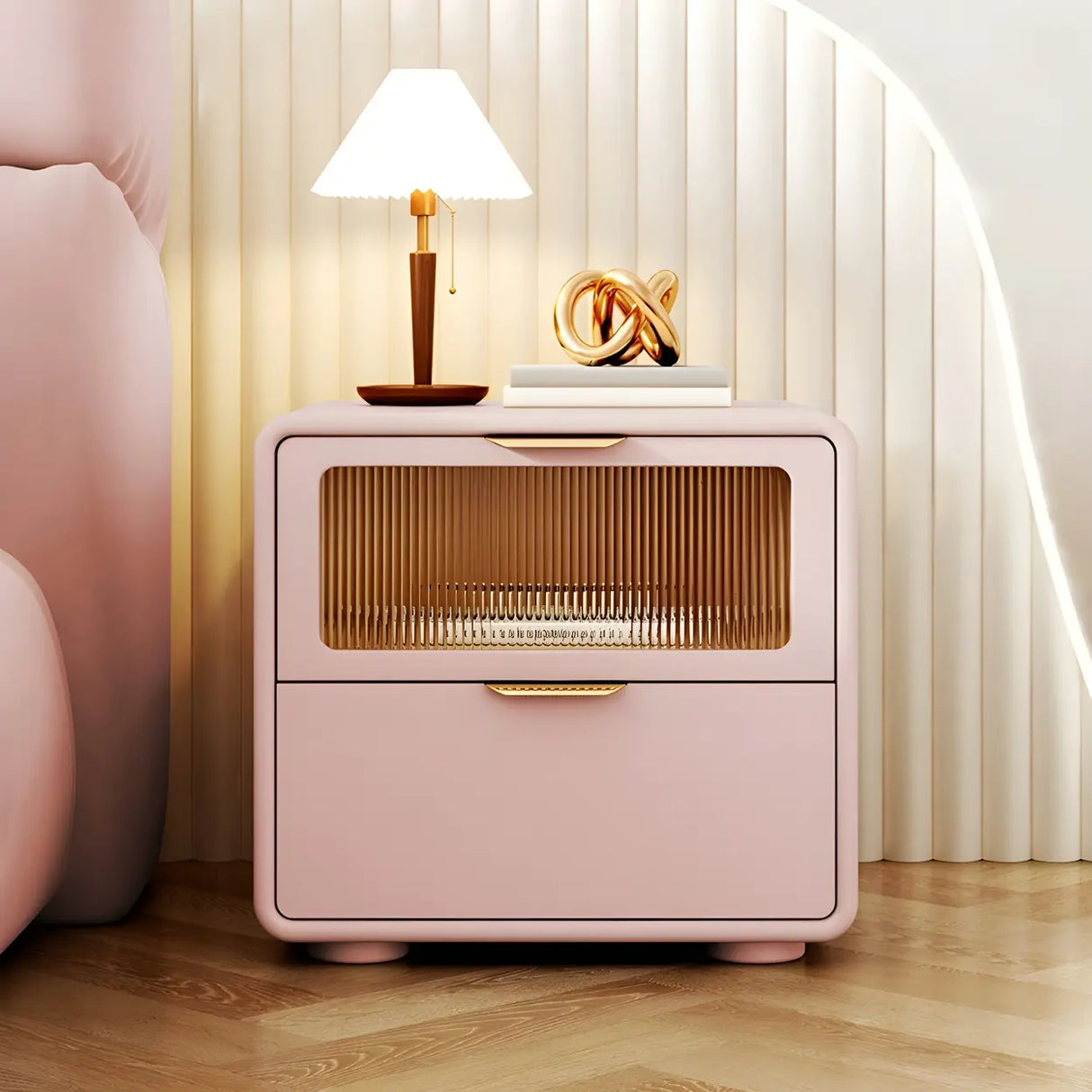 Stylish Rounded Wood White Leather Drawer Storage Nightstand Image - 8