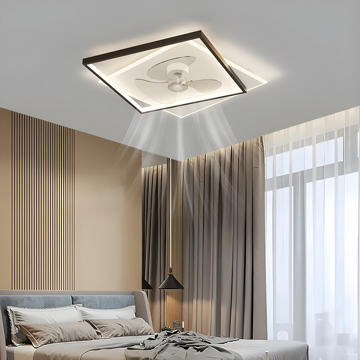 Stylish Simple Square Flush Ceiling Fan with Light Image - 1
