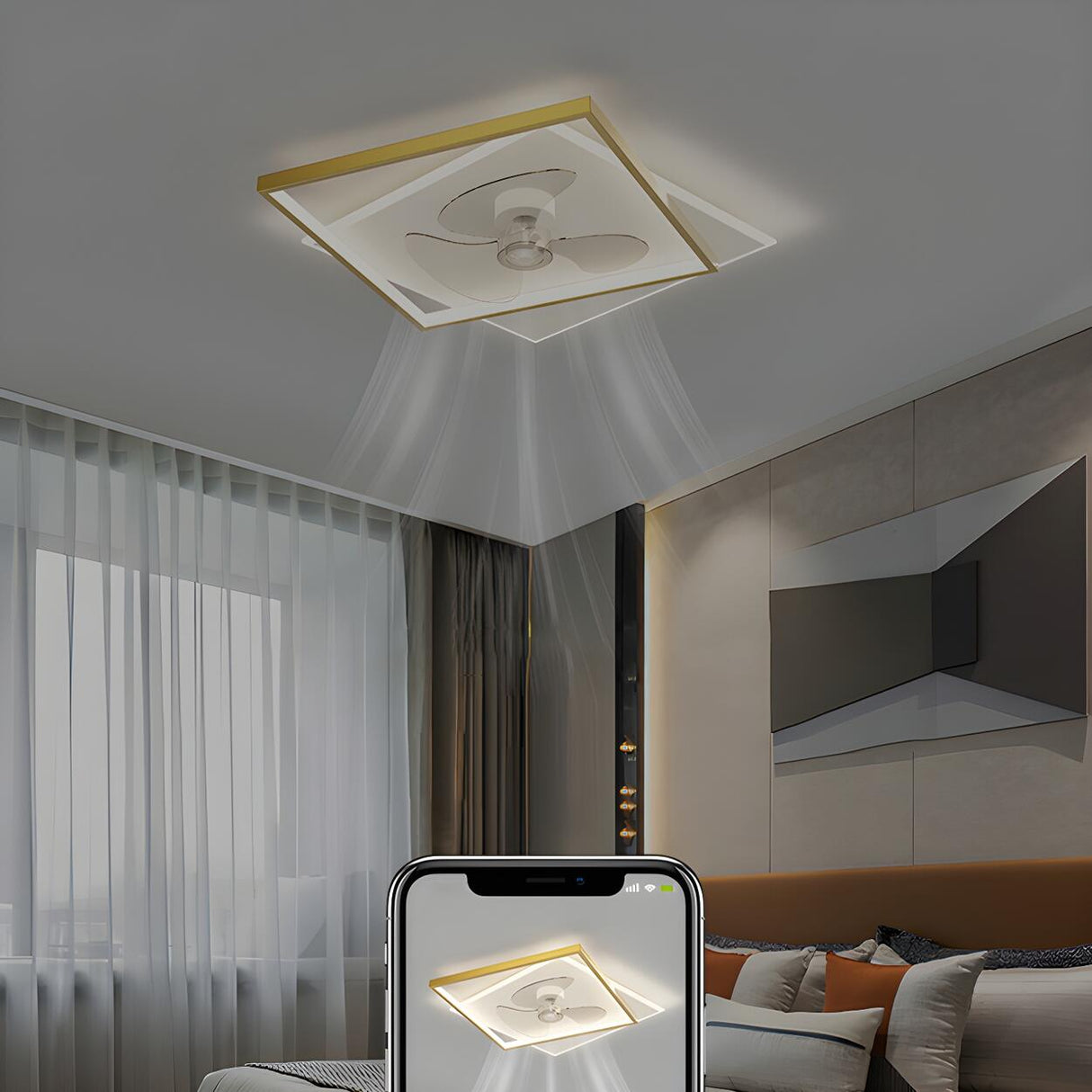 Stylish Simple Square Flush Ceiling Fan with Light Image - 12
