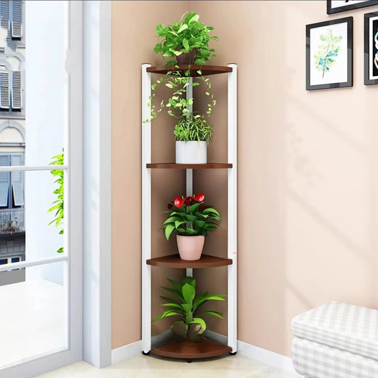 Stylish Triangular 5-Tier Wood Corner Plant Stand White Image - 10