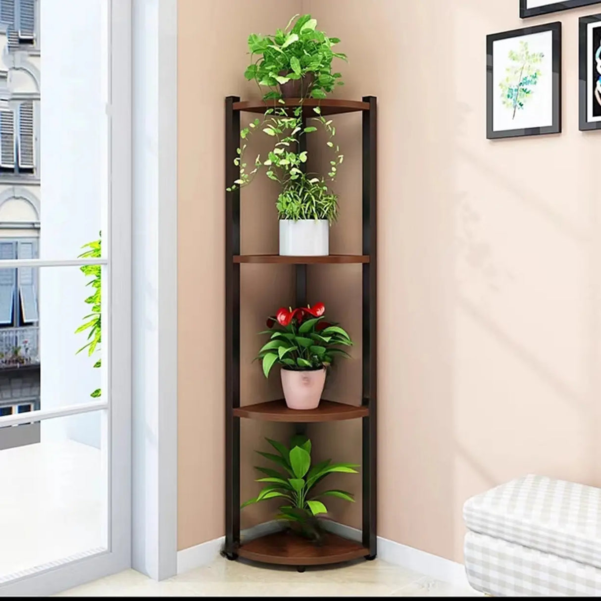 Stylish Triangular 5-Tier Wood Corner Plant Stand White Image - 5