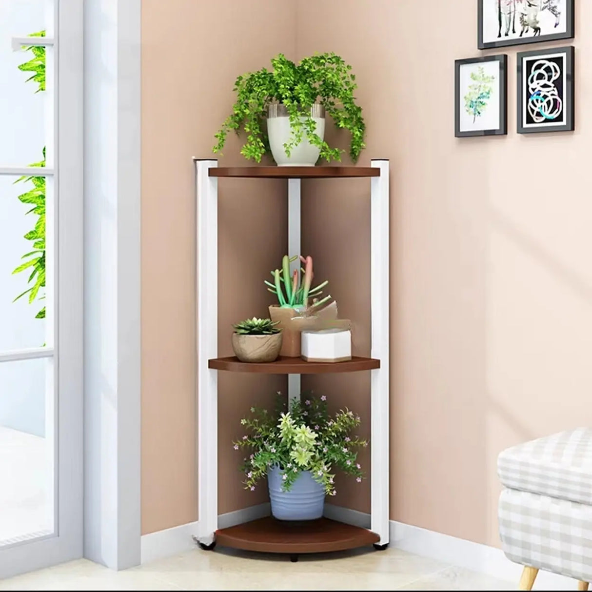 Stylish Triangular 5-Tier Wood Corner Plant Stand White Image - 9