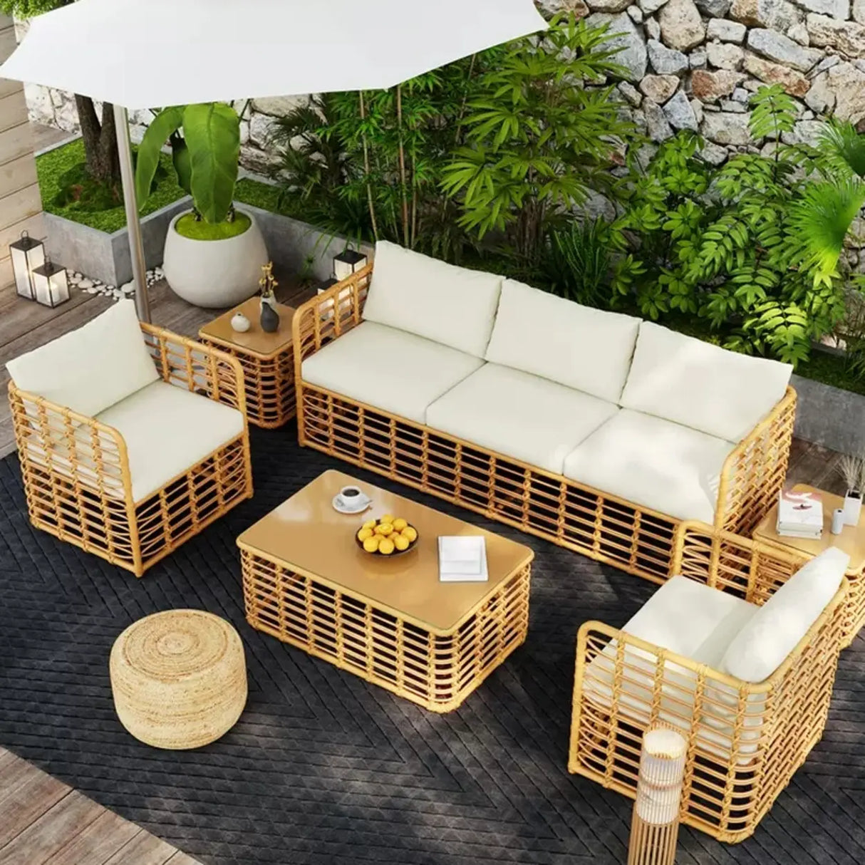 Stylish U-Shape Rattan Beige Patio Sofa Set Image - 1