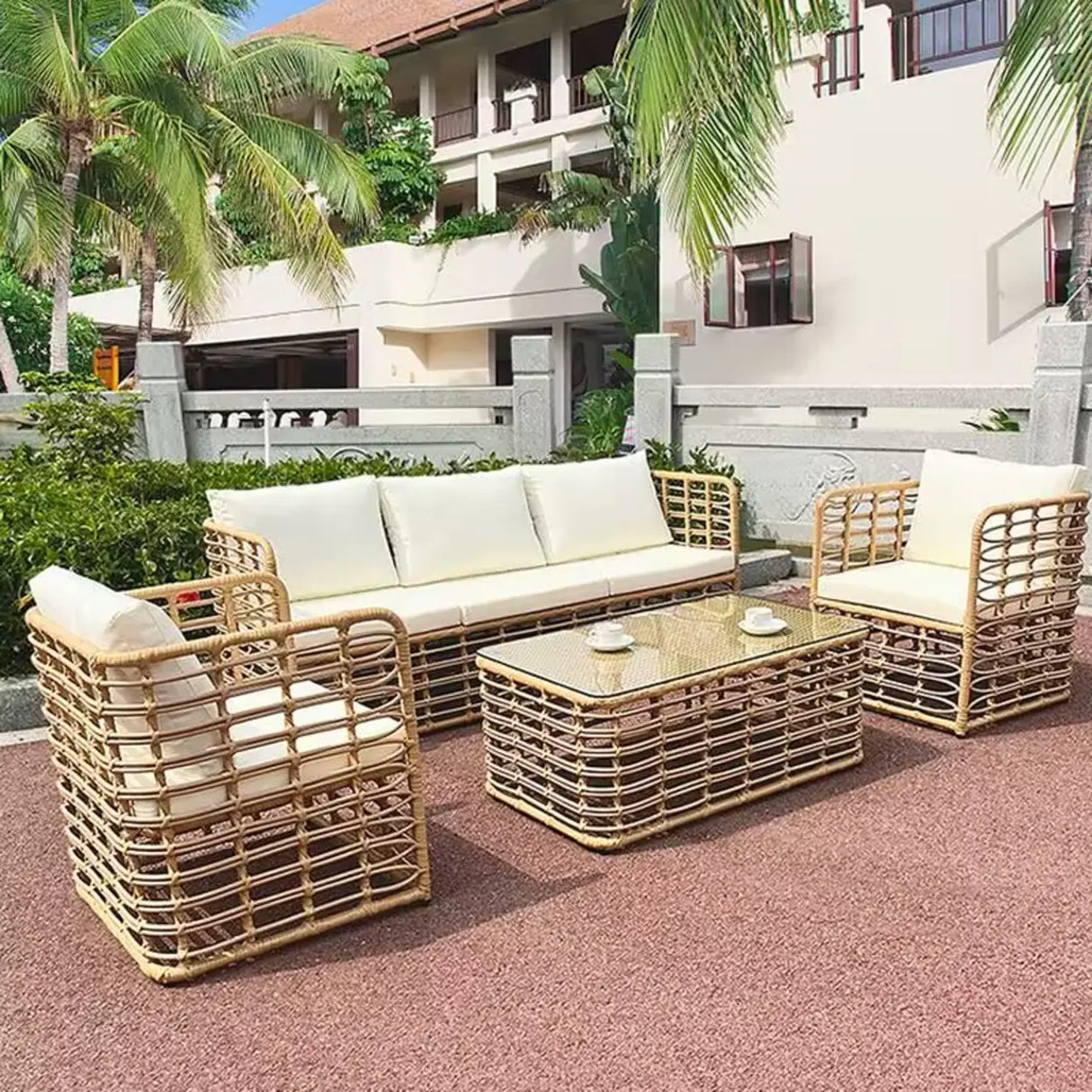 Stylish U-Shape Rattan Beige Patio Sofa Set Image - 6