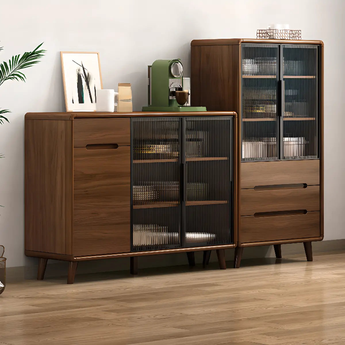 Stylish Walnut Brown Narrow Sideboard with Glass Doors Image - 1