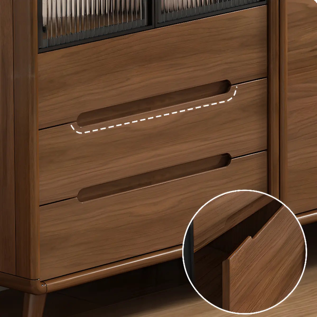 Stylish Walnut Brown Narrow Sideboard with Glass Doors Image - 12