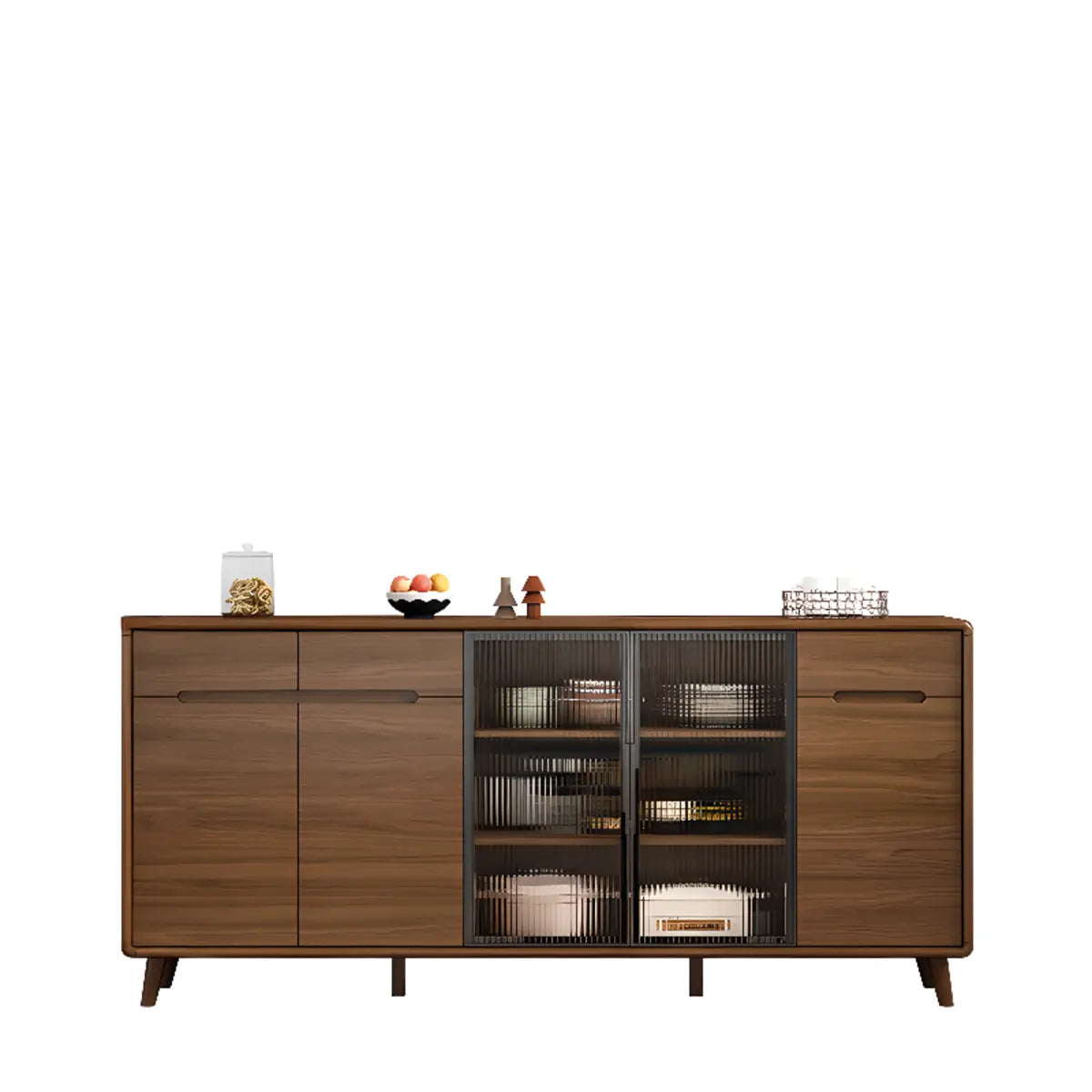 Stylish Walnut Brown Narrow Sideboard with Glass Doors Image - 14