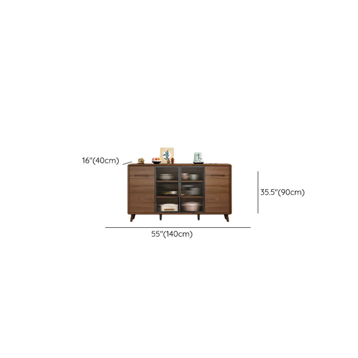 Stylish Walnut Brown Narrow Sideboard with Glass Doors Image - 17