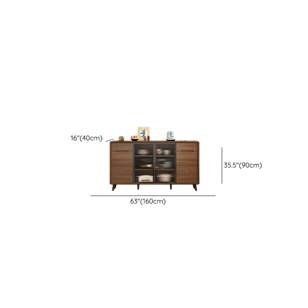Stylish Walnut Brown Narrow Sideboard with Glass Doors Image - 18