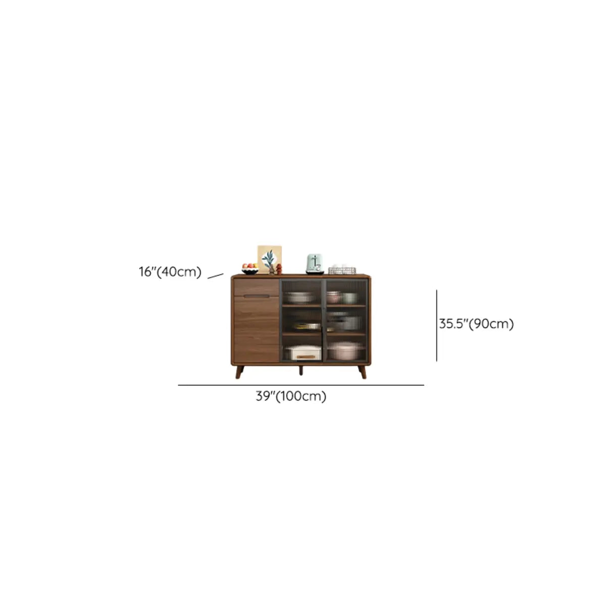 Stylish Walnut Brown Narrow Sideboard with Glass Doors Image - 19