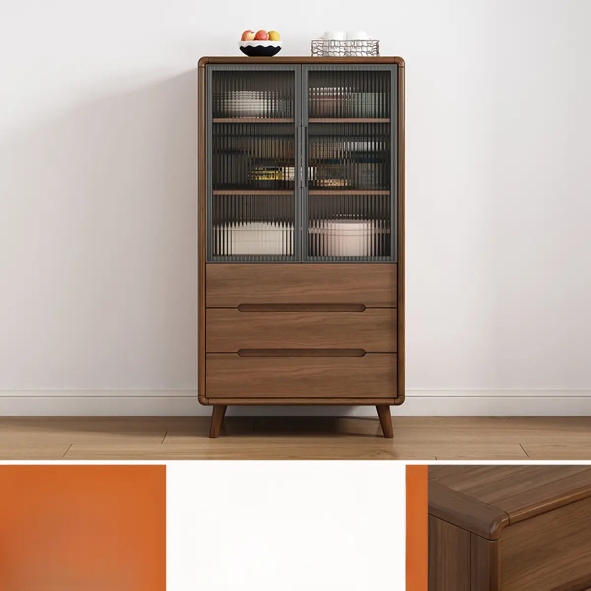 Stylish Walnut Brown Narrow Sideboard with Glass Doors Image - 2