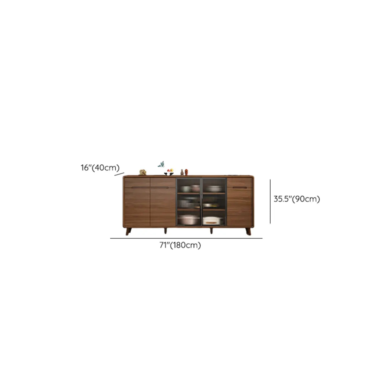 Stylish Walnut Brown Narrow Sideboard with Glass Doors Image - 20
