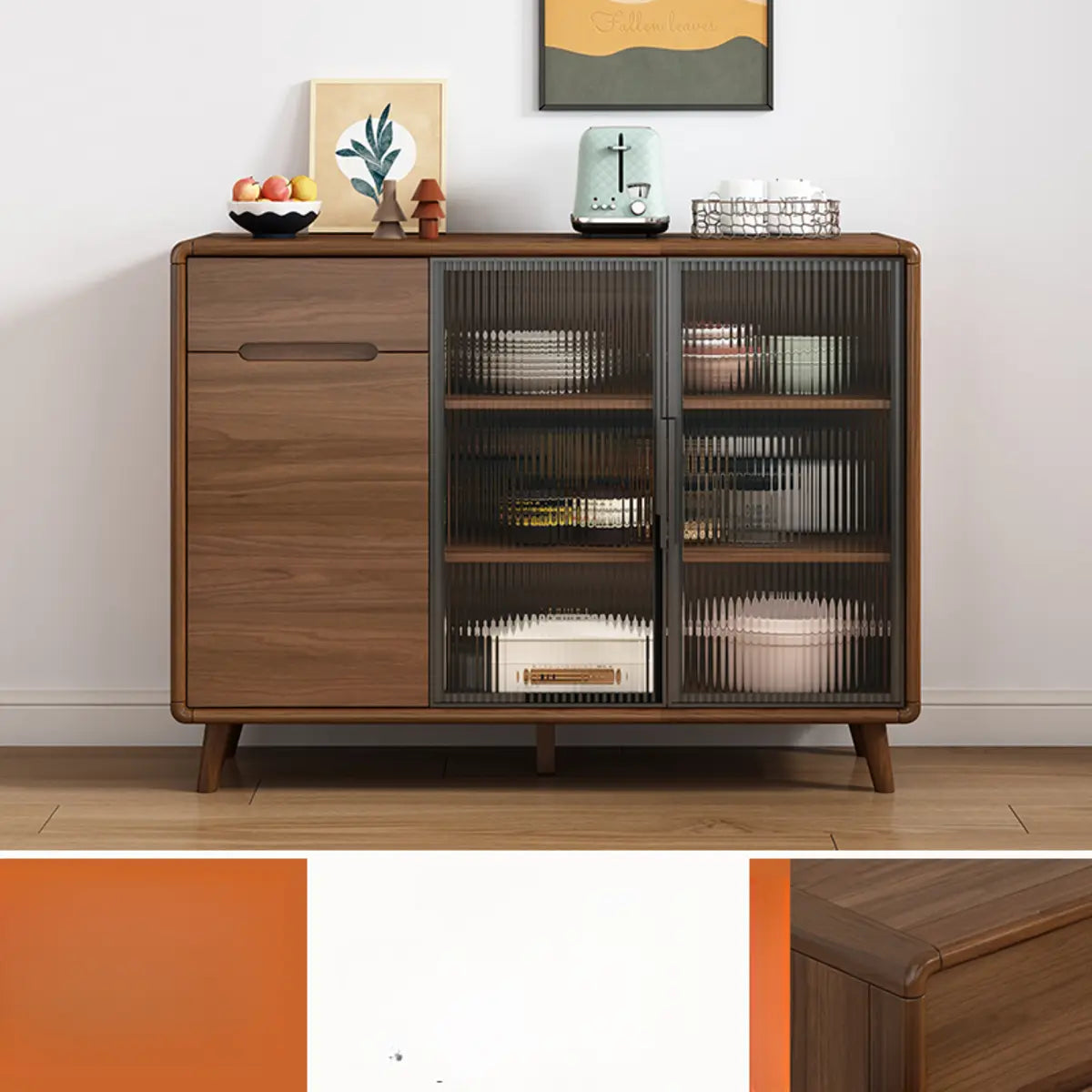 Stylish Walnut Brown Narrow Sideboard with Glass Doors Image - 3