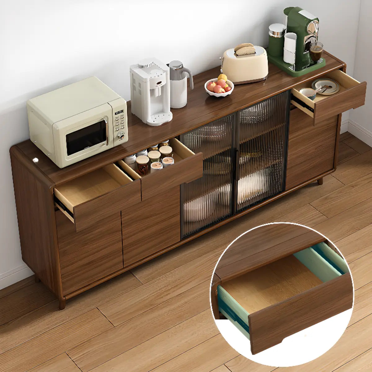 Stylish Walnut Brown Narrow Sideboard with Glass Doors Image - 4