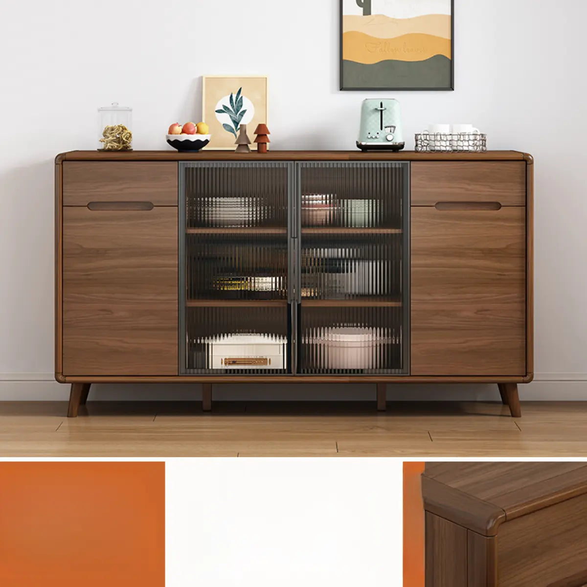 Stylish Walnut Brown Narrow Sideboard with Glass Doors Image - 5