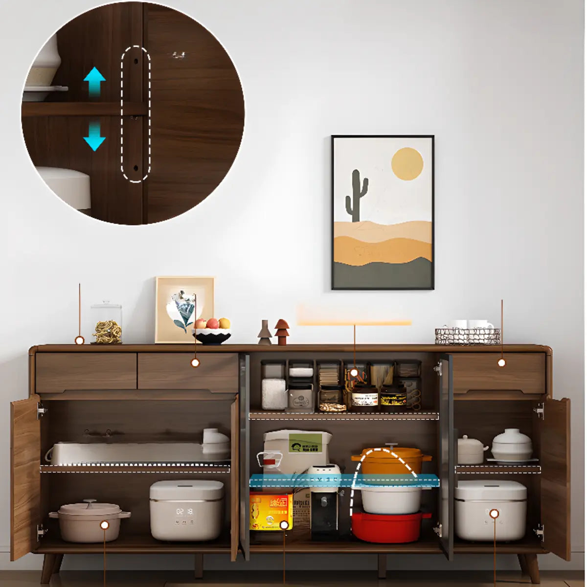 Stylish Walnut Brown Narrow Sideboard with Glass Doors Image - 6