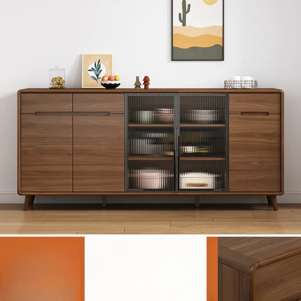 Stylish Walnut Brown Narrow Sideboard with Glass Doors Image - 7