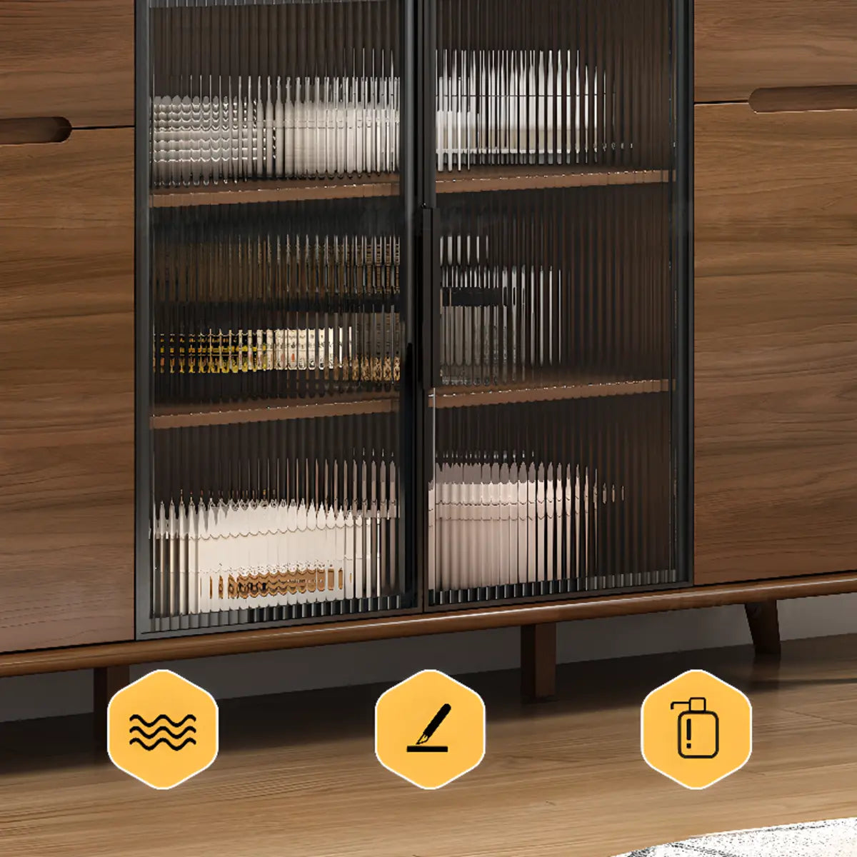 Stylish Walnut Brown Narrow Sideboard with Glass Doors Image - 8