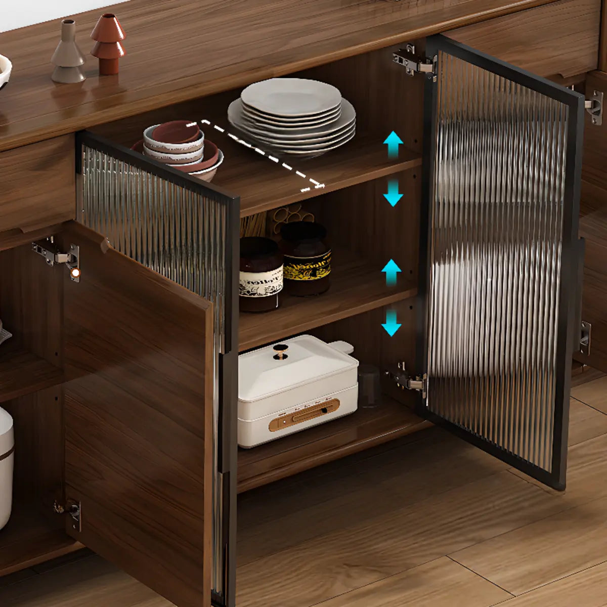 Stylish Walnut Brown Narrow Sideboard with Glass Doors Image - 9