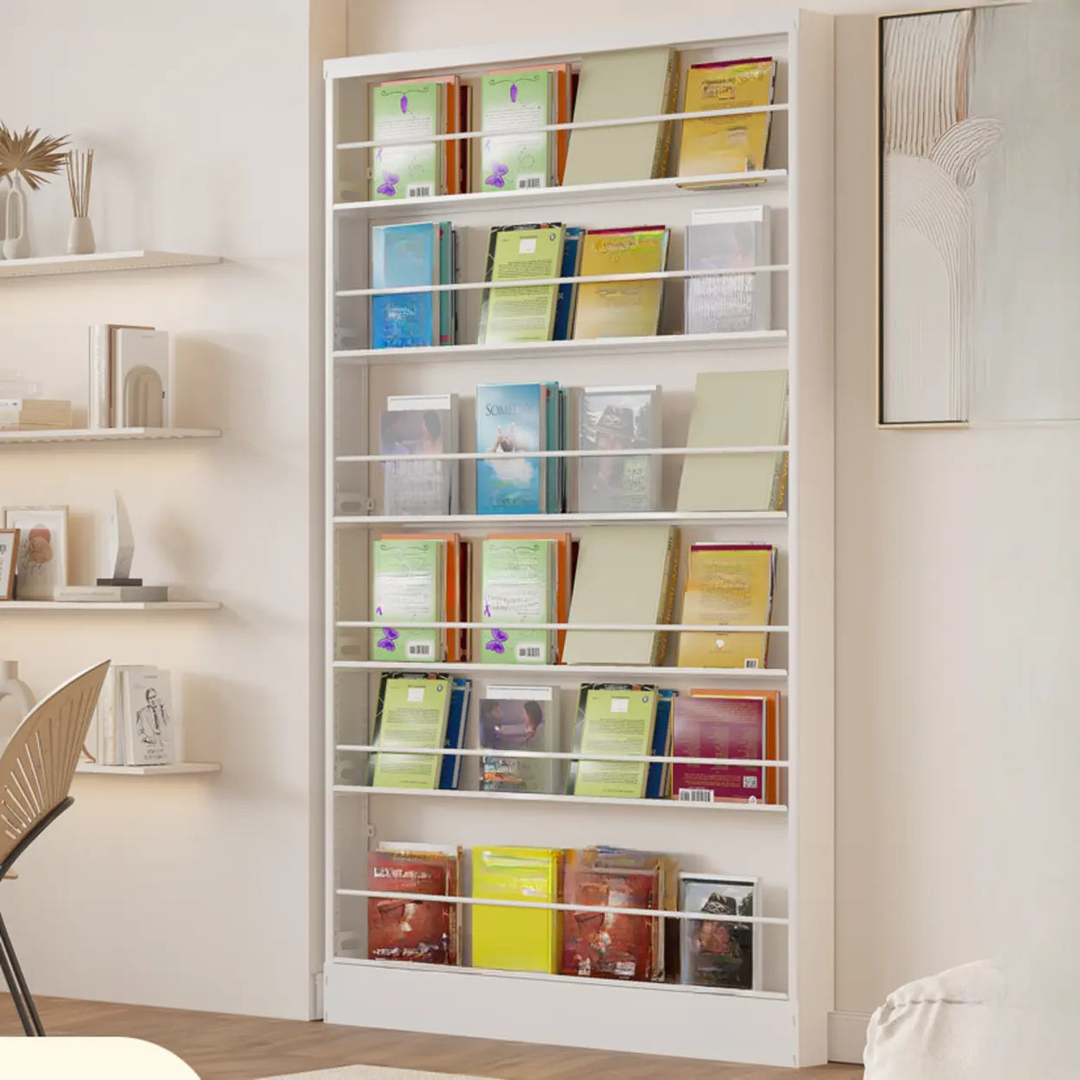 Stylish White Finish Vertical Steel Open Bookshelf Image - 1
