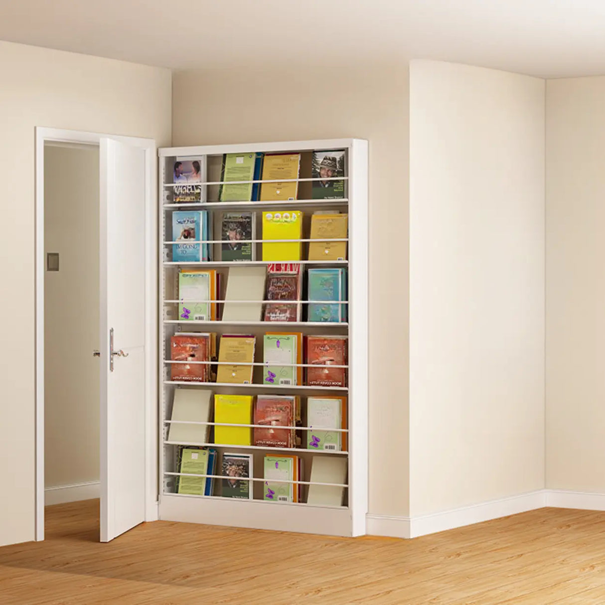 Stylish White Finish Vertical Steel Open Bookshelf Image - 10