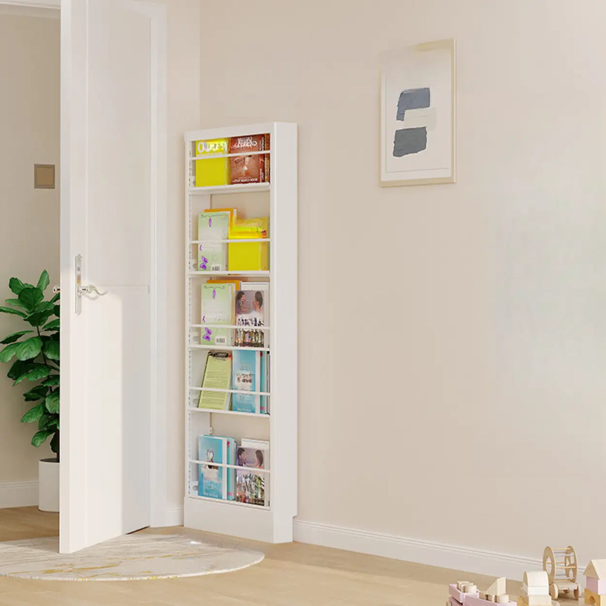 Stylish White Finish Vertical Steel Open Bookshelf Image - 11