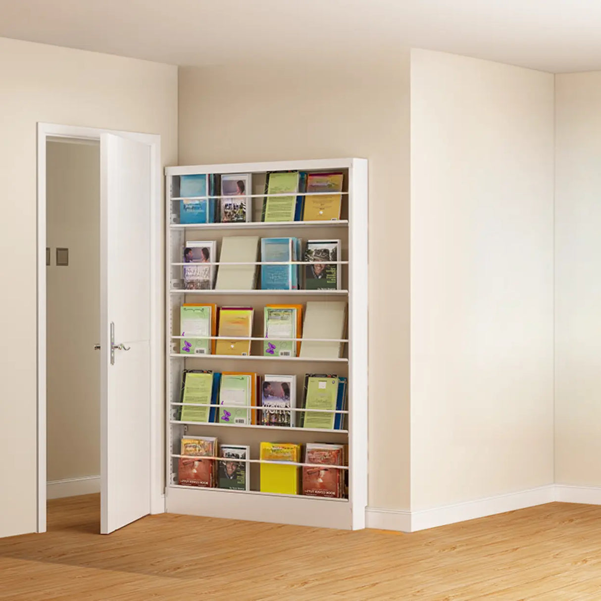 Stylish White Finish Vertical Steel Open Bookshelf Image - 12