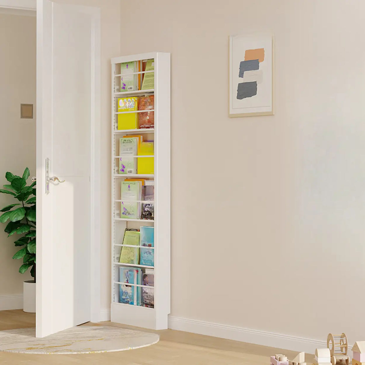 Stylish White Finish Vertical Steel Open Bookshelf Image - 13