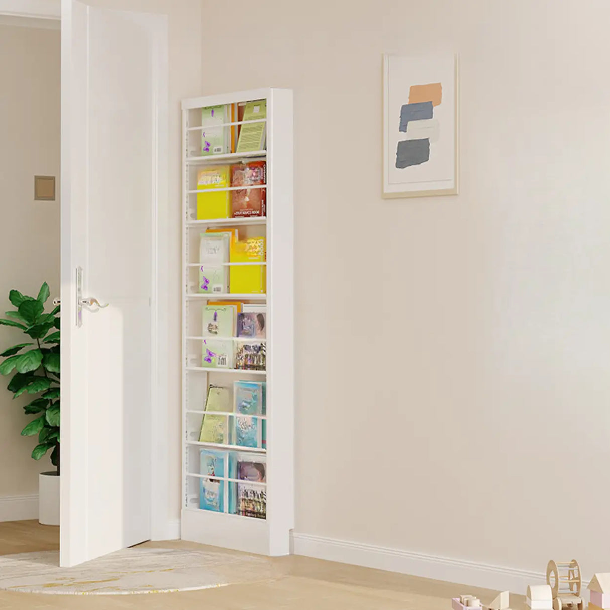 Stylish White Finish Vertical Steel Open Bookshelf Image - 14