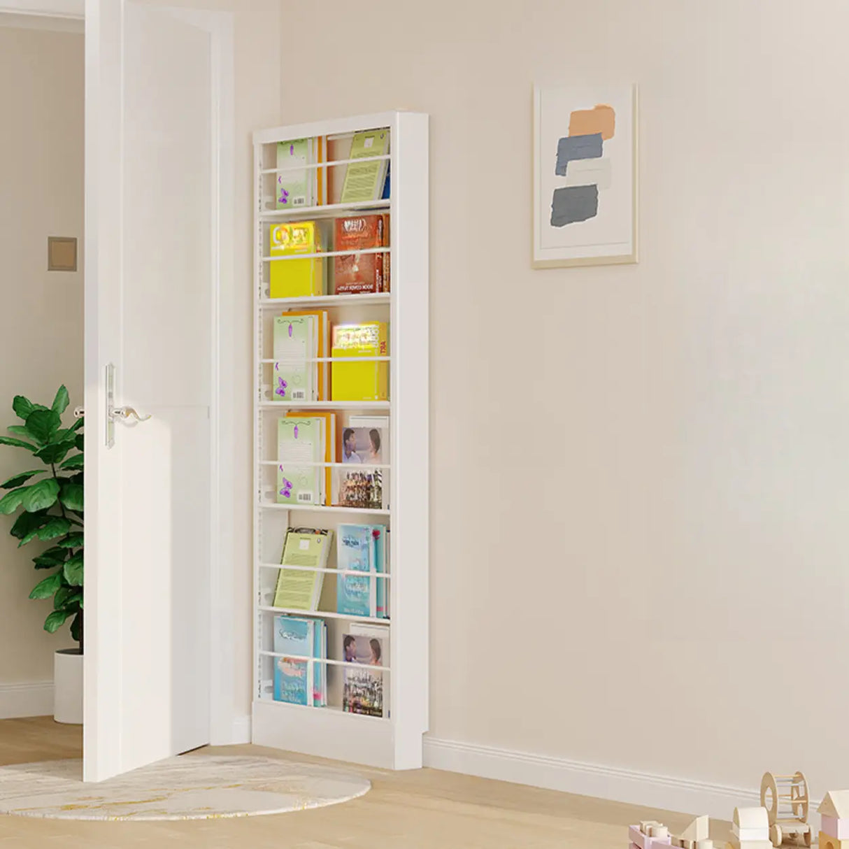 Stylish White Finish Vertical Steel Open Bookshelf Image - 15