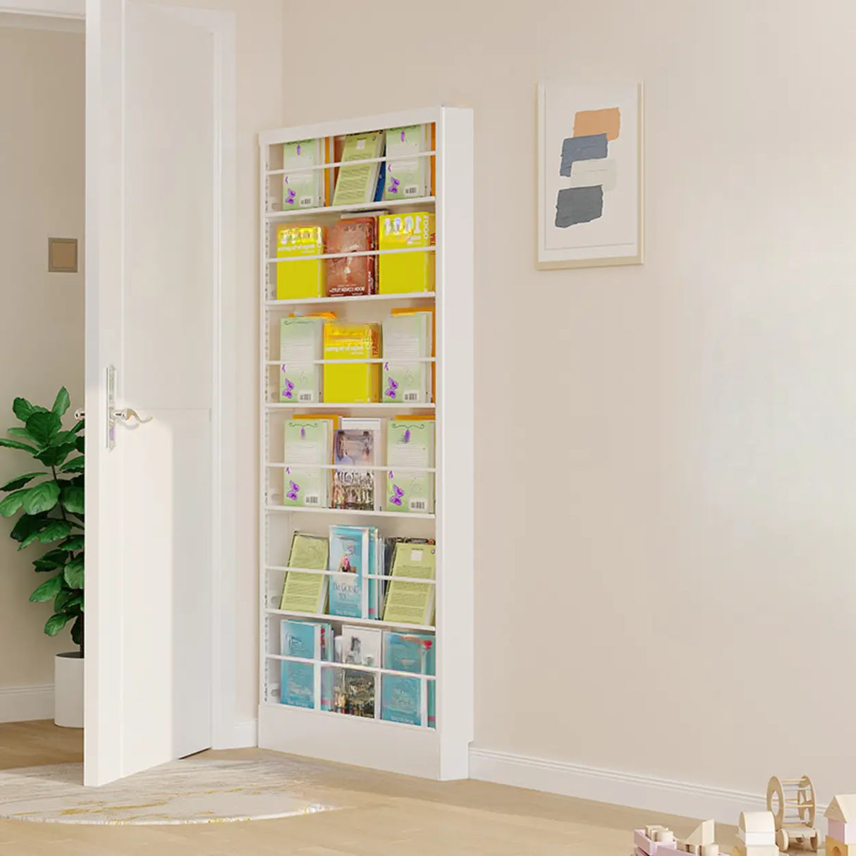 Stylish White Finish Vertical Steel Open Bookshelf Image - 16