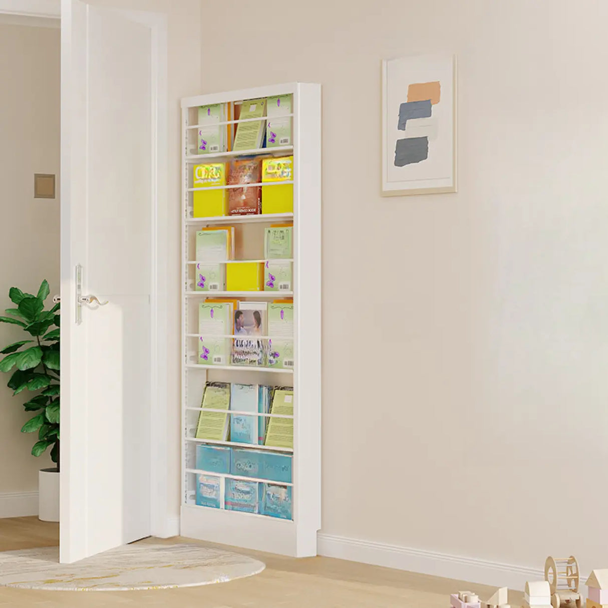 Stylish White Finish Vertical Steel Open Bookshelf Image - 17