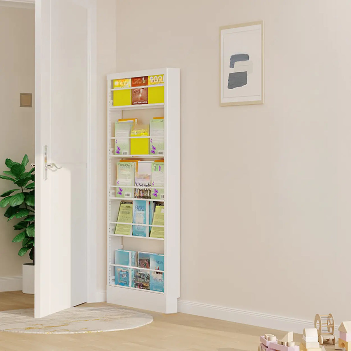 Stylish White Finish Vertical Steel Open Bookshelf Image - 18