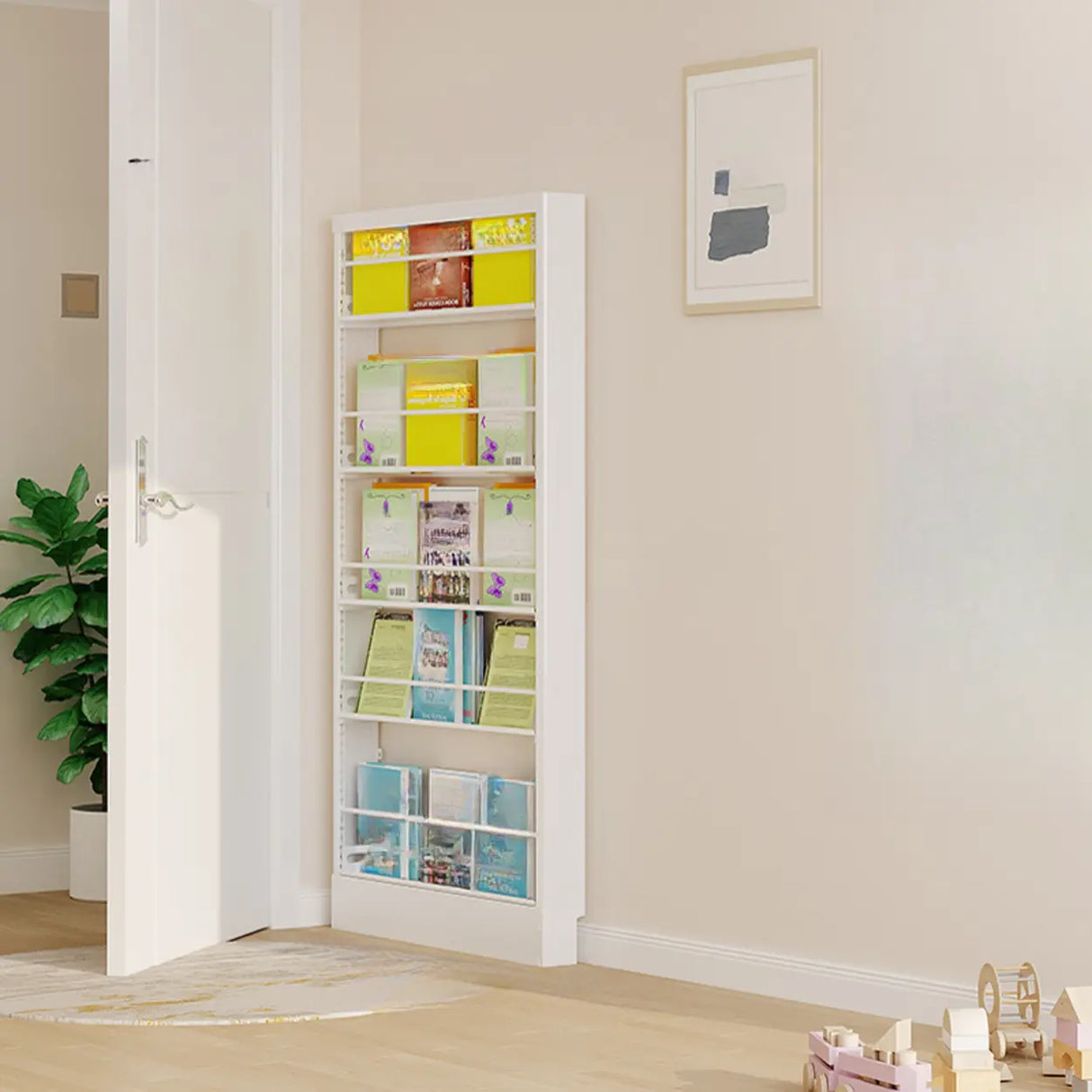 Stylish White Finish Vertical Steel Open Bookshelf Image - 19